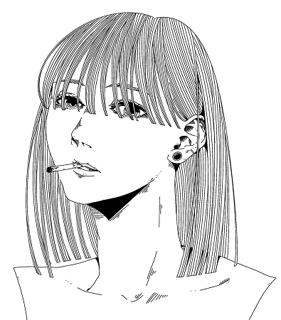 煙草と長めボブぱっつんの線画