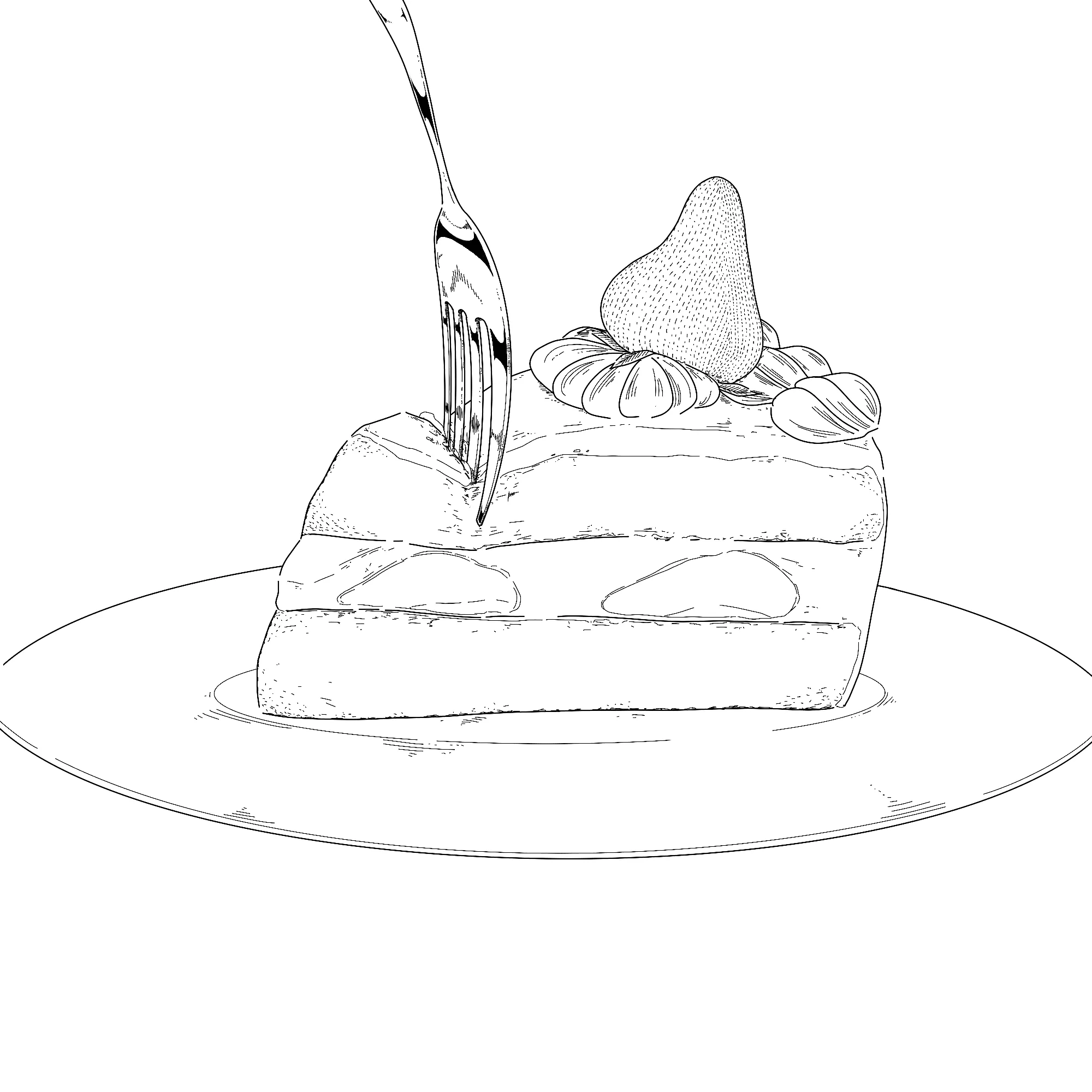 メリークリスマス 綺麗な形のクリスマスケーキをフォークで刺して崩してしまったときの線画Ver. ショートケーキ フォーク 苺 崩れる 美味しそう
